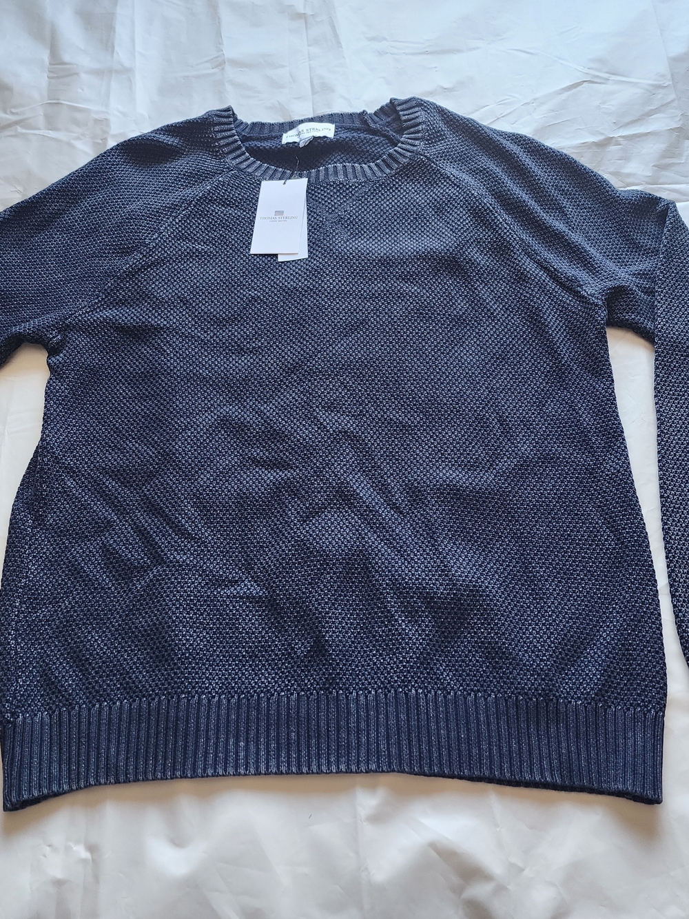 Thomas Steeling Men's Crewneck Knit Sweater Distressed Whased Navy Blue SZ Large
